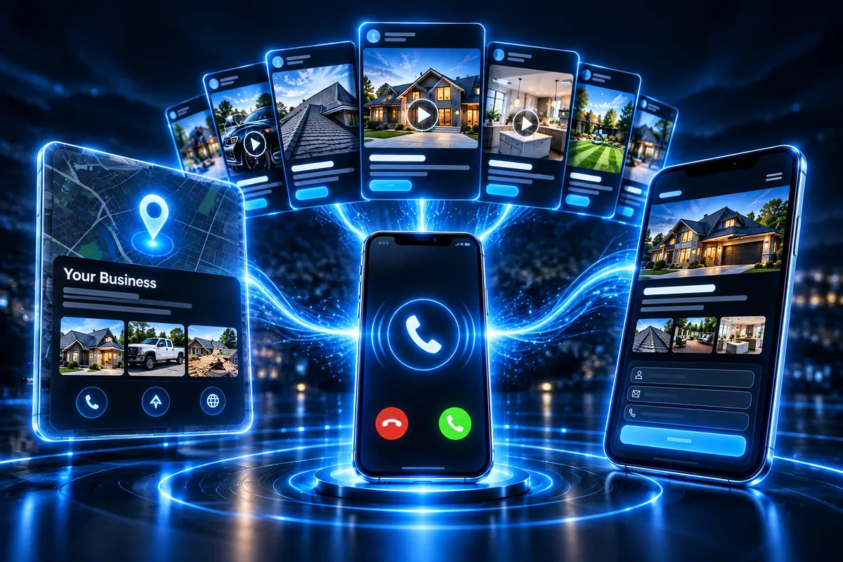 Illustration: a business listing, social ads and a website all connected to a phone receiving a call