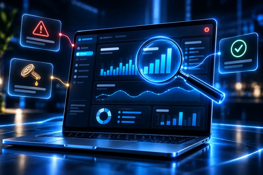 Illustration: a magnifying glass reviewing an ad performance dashboard