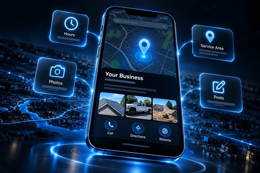 Illustration: a phone showing a refreshed business listing on a map, with hours, photos, service area and posts